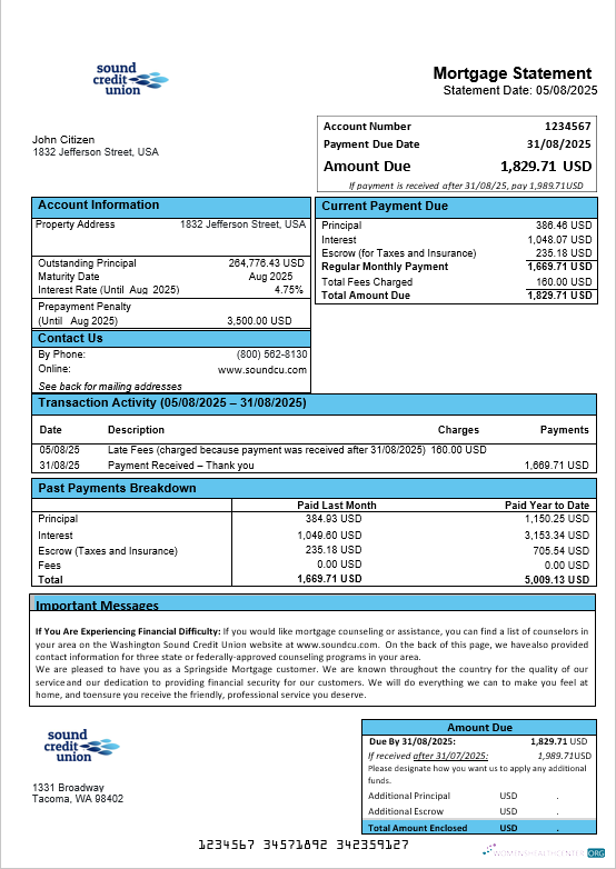 Download USA Washington Sound Credit Union mortgage statement in Word and PDF formats Photoshop template
